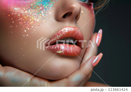 page cover design for nails and lips makeup . Women face 113661424