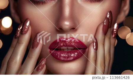 page cover design for nails and lips makeup . Women face 113661426