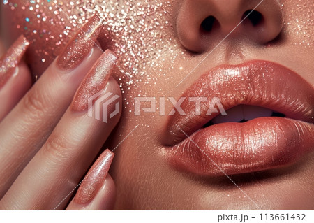 page cover design for nails and lips makeup . Women face page cover design for nails and lips makeup . Women face 113661432
