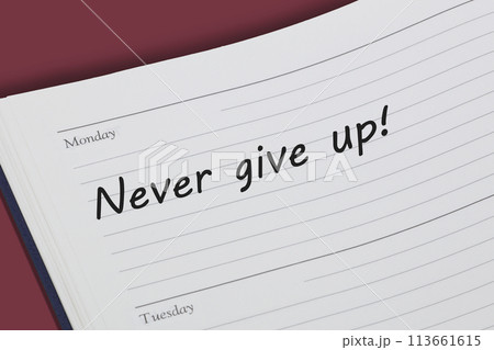 Never give up reminder message in an open diary Never give up reminder message in an open diary 113661615