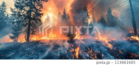 A massive, out-of-control forest fire burns through the trees, with flames and thick smoke filling the sky in a dramatic, apocalyptic scene. A massive, out-of-control forest fire burns through the trees, with flames and thick smoke filling the sky in a dramatic, apocalyptic scene. 113661685
