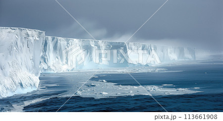 Antarctic coast, the distant misty edge of the Antarctic ice sheet breaks into the sea 113661908