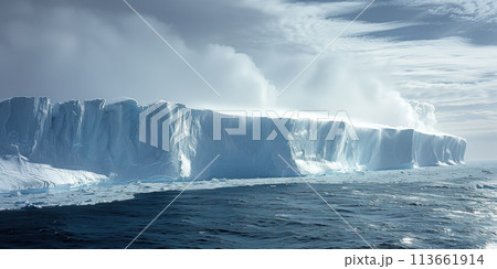 Antarctic coast, the edge of an ice shelf against the backdrop of an impending snow storm 113661914