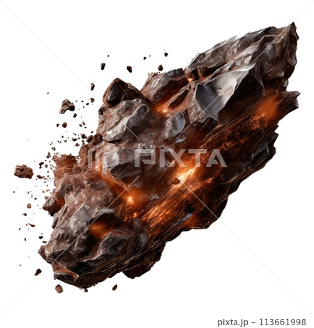 Falling meteorite isolated on a white or transparent background. A meteorite with tongues of flame scatters into small pieces close-up. Graphic design element on the theme of space. Falling meteorite isolated on a white or transparent background. A meteorite with tongues of flame scatters into small pieces close-up. Graphic design element on the theme of space. 113661998