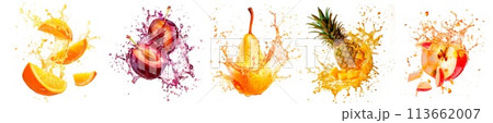 Fruit explosion, slices and splashes of fruit...のイラスト素材 [113662007] - PIXTA