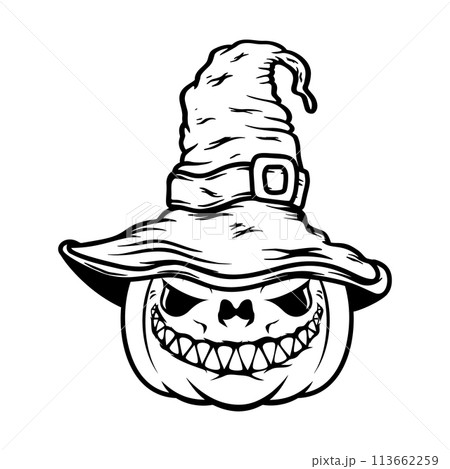 Halloween pumpkin in witch hat. Design element for poster, card, banner, sign t shirt. Vector illustration 113662259
