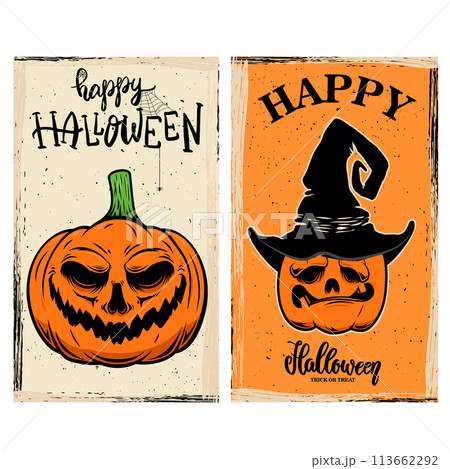 Set of halloween flyers with scary pumpkin. Vector illustration Set of halloween flyers with scary pumpkin. Vector illustration 113662292