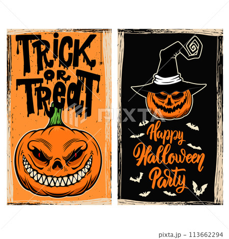Set of halloween flyers with scary pumpkin. Vector illustration Set of halloween flyers with scary pumpkin. Vector illustration 113662294