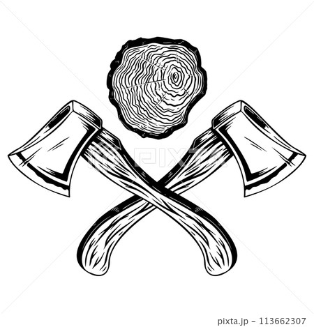 Crossed lumberjack axes with wood cut. Design element for logo, emblem, sign, poster, t shirt. Vector illustration Crossed lumberjack axes with wood cut. Design element for logo, emblem, sign, poster, t shirt. Vector illustration 113662307