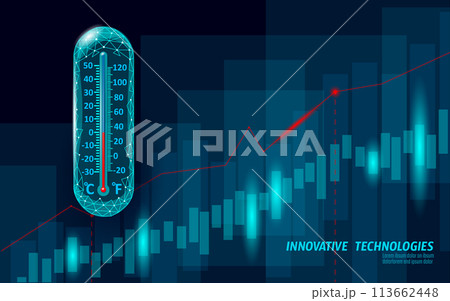 Global warming growing trend ecology problem eco concept. Renewable energy against greenhouse effect 3D render. Science chemistry biotechnology polygonal climatic technology vector illustration 113662448