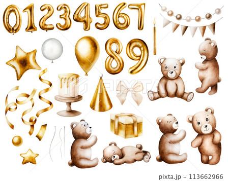 Watercolor isolated birthday illustration set with cute cartoon teddy bears, golden foil balloon numbers, holiday cake, present box, candles, ribbon and streamer. Hand drawn birthday party zero, one 113662966