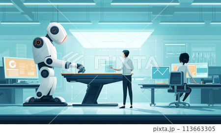 Illustration of сollaborative environment where humans and robots work together, image in flat retro style for textbooks, online courses, presentations. Concepts for robotics, automation, technology Illustration of сollaborative environment where humans and robots work together, image in flat retro style for textbooks, online courses, presentations. Concepts for robotics, automation, technology 113663305