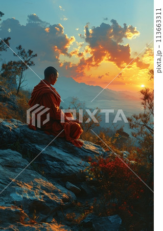 Buddhist monk meditating in the mountains 113663311