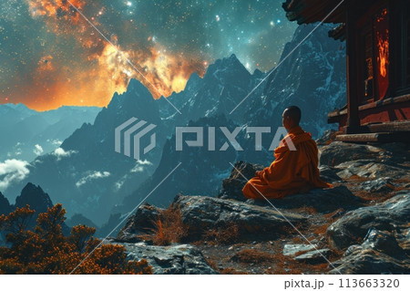 Buddhist monk meditating in the mountains Buddhist monk meditating in the mountains 113663320