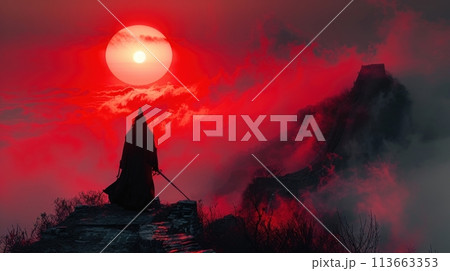 chinese warrior on the great wall of china 113663353