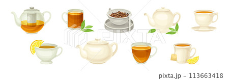 Tea Brewing with Teapot and Cup Vector Set Tea Brewing with Teapot and Cup Vector Set 113663418