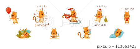 Funny Tiger Predator Jungle Animal with Striped Coat Engaged in Different Activity Vector Set Funny Tiger Predator Jungle Animal with Striped Coat Engaged in Different Activity Vector Set 113663425