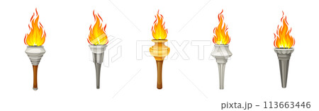 Torch with Bright Burning Fire Flame Vector Set Torch with Bright Burning Fire Flame Vector Set 113663446