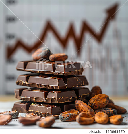 cocoa beans, delicious pieces of chocolate bars, grains against the background of a stock chart showing rising prices. The rise in cocoa prices in the world 113663570