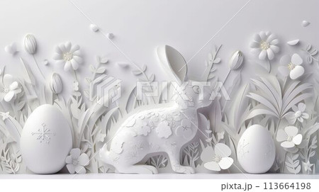 Paper cut rabbit with eggs and flowers on backdrop AIG42E 113664198