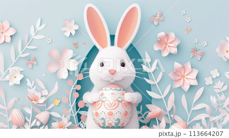 Rabbit holding egg and flower in creative arts display at Easter event AIG42E 113664207