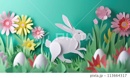 A white rabbit hops among flowers and eggs in...のイラスト素材 [113664317] - PIXTA