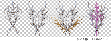 Neo tribal 3D shape, gothic y2k chrome acid symmetry ornament, abstract dark silver surreal form. 113664388