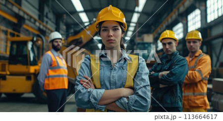 group of construction workers with background of excavation machinery aigx04 113664617