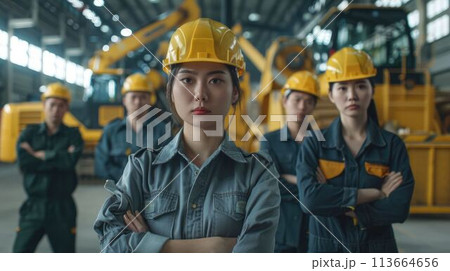 group of construction workers with background of excavation machinery aigx04 113664656