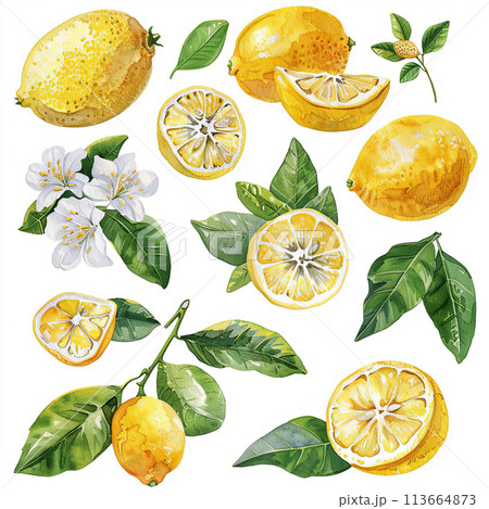 Vibrant watercolor illustrations of lemon fruit and elements, ideal for adding a pop of color to menus, cocktail recipes, and food-themed graphics. Vibrant watercolor illustrations of lemon fruit and elements, ideal for adding a pop of color to menus, cocktail recipes, and food-themed graphics. 113664873