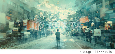 Person walks in world of social media, view of young man and data information, abstract news background. Concept of global network, connect, online, people Person walks in world of social media, view of young man and data information, abstract news background. Concept of global network, connect, online, people 113664910