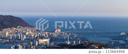 Aerial panoramic view with coastal buildings of Busan city, 113664998