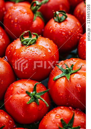 Ripe tomatoes for sale at the market. Dew on it 113665108
