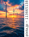 Windmills Floating in the Ocean at Sunset 113665138