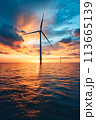 Offshore wind farm at beautiful dramatic sunset. 113665139