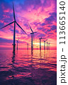 Offshore wind farm at beautiful dramatic sunset. 113665140