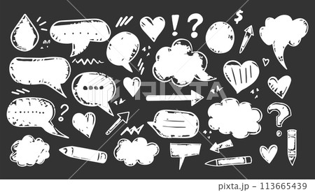 Speech bubble vector set, texture comic talk balloon doodle kit, hand drawn crayon cloud. Comic cloud bubble silhouette, empty dialog, outline conversation message illustration Speech bubble vector set, texture comic talk balloon doodle kit, hand drawn crayon cloud. Comic cloud bubble silhouette, empty dialog, outline conversation message illustration 113665439