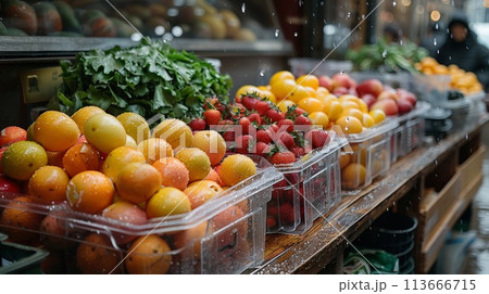 A display of a fruit stand with many different types of fruits, AI A display of a fruit stand with many different types of fruits, AI 113666715
