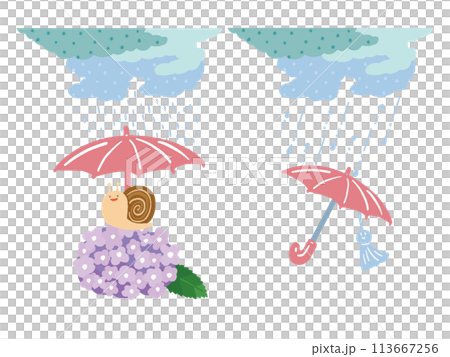 蝸牛、繡球花和 teruteru 和尚的雨和傘插圖集 113667256
