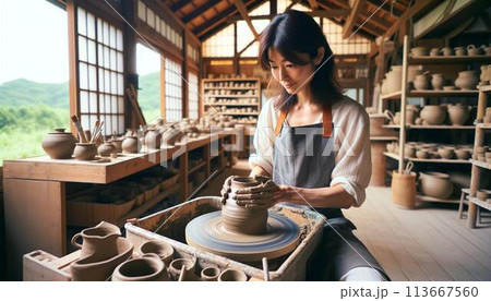 趣味の陶芸をする女性 趣味の陶芸をする女性 113667560