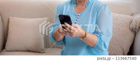 Asian elderly woman using smartphone to social media online sitting on sofa. 113667580