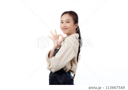 Portrait smiling young asian woman wearing apron showing ok sign with hand. Portrait smiling young asian woman wearing apron showing ok sign with hand. 113667589