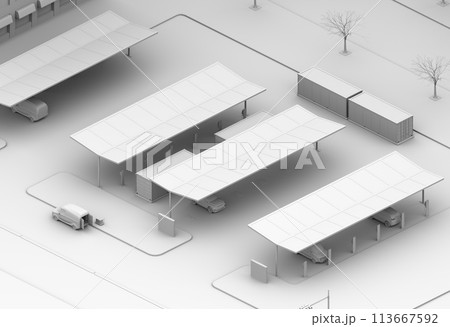 ソーラーパネル、コンテナ型蓄電システムが備える充電ステーションのクレイレンダリングイメージ。 ソーラーパネル、コンテナ型蓄電システムが備える充電ステーションのクレイレンダリングイメージ。 113667592