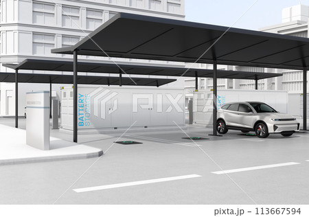 ソーラーパネル、コンテナ型蓄電システムが備えるEV充電スタンド。電力貯蔵システムのコンセプト 113667594