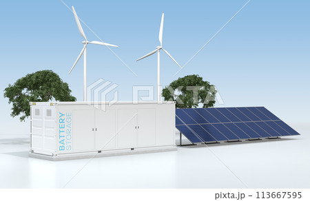 ソーラーパネル、風力発電機、コンテナ型蓄電システムのイラスト。電力貯蔵システムのコンセプト 113667595