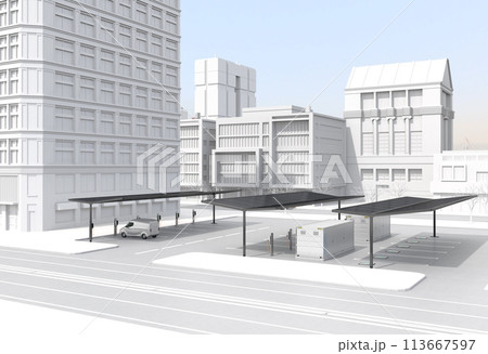 ソーラーパネル、コンテナ型蓄電システムが備えるEV充電スタンド。電力貯蔵システムのコンセプト ソーラーパネル、コンテナ型蓄電システムが備えるEV充電スタンド。電力貯蔵システムのコンセプト 113667597