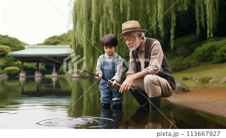 釣りをするおじいちゃんと孫のイラスト素材 [113667927] - PIXTA