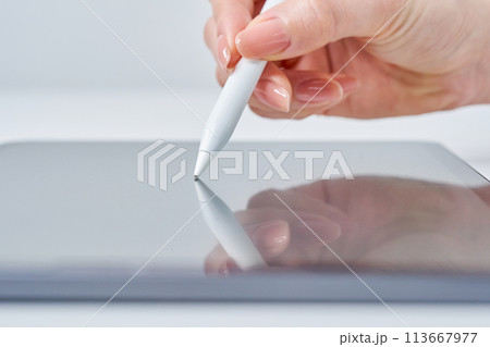 スタイラスペンを操作する女性の手元 113667977