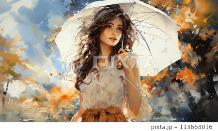夏の青空の下で日傘を差して散歩している女性