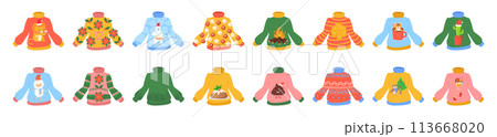 Christmas ugly sweater set with ridiculous design, DIY vibe. Stock vector illustration isolated on white background in flat hand drawn style. 113668020